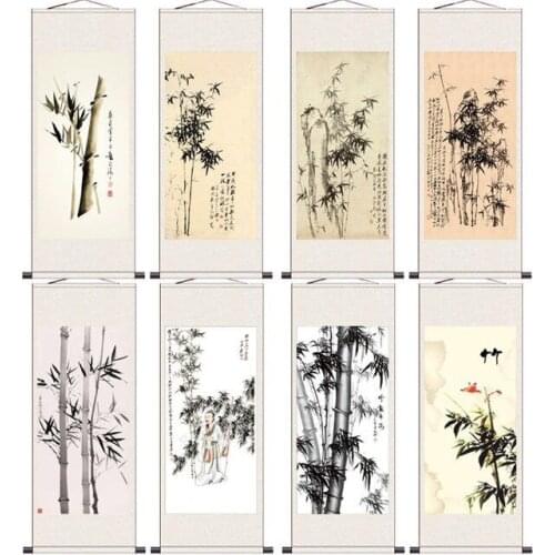 Ink Bamboo Scroll Decorative Hanging Painting Living Room Home Office Decor Paintings Vintage Bedroom Wall Art Canvas Posters