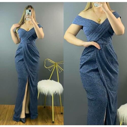 Elegant Long Mermaid Glitter Evening Dresses with Slit Blue Corset Back V-Neck Pleated Abendkleider Formal Party Gown for Women