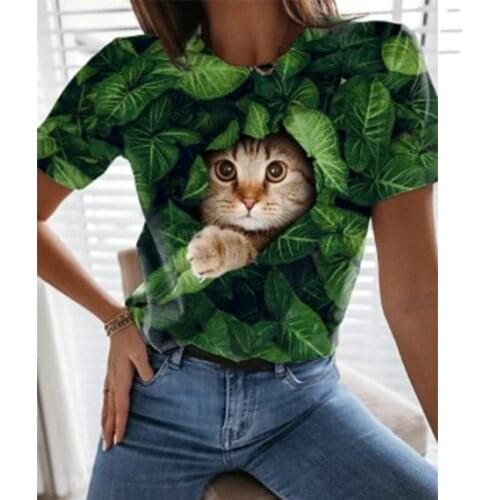 New animal cat 3D printed round neck T-shirt, fun short-sleeved top for ladies, summer pullover, retro style fashion casual clot