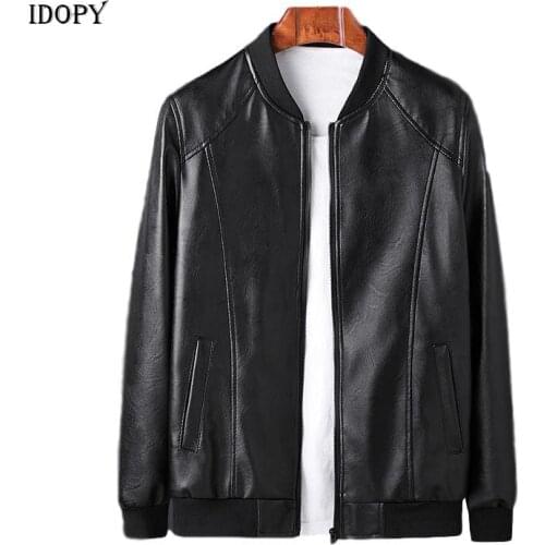 Idopy Korean Fashion Baseball Faux Leather Jacket Stand Collar Rib Sleeves Slim Fit PU Soft Jacket and Coat Plus Size M-4XL