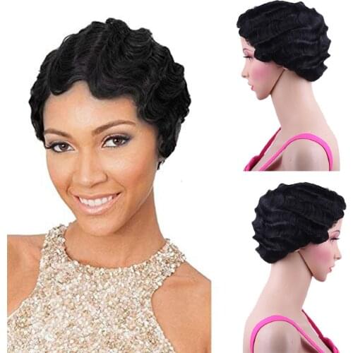 Short Curly Synthetic Wig For Black Women Heat Resistant Brown Blonde Bug African American Pixie Cut Mommy Finger Wave Wig
