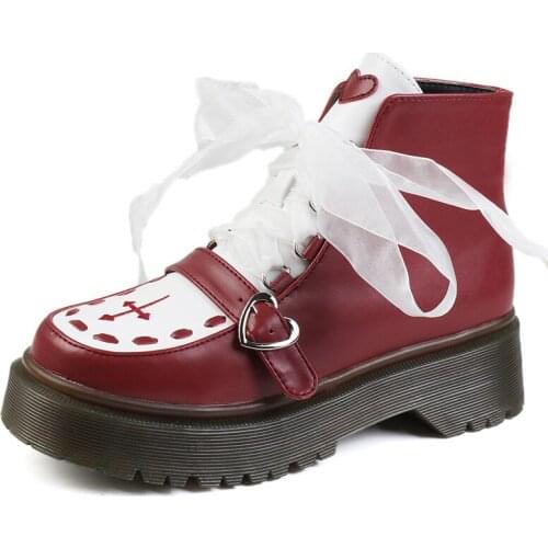 Punk Lolita Thick Platform Heart & Cross Lace-up Girls Leather Ankle Boots