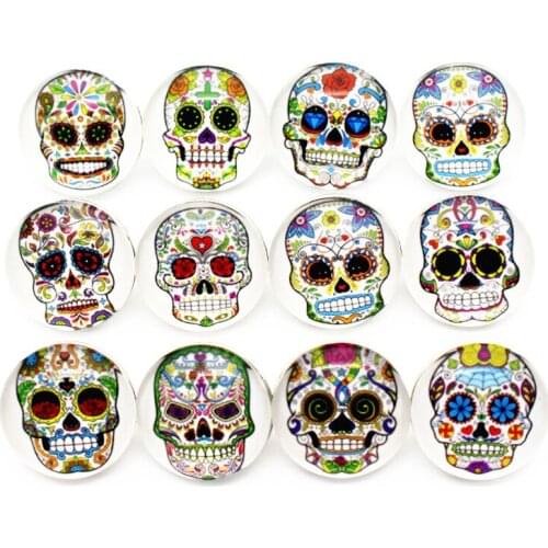 Mixs 10pcs/lot Colorful Skull Glass Printing Snap Button Chams Fit 18mm Replaceable Snap Buttons Bracelet Necklace DIY Jewelry