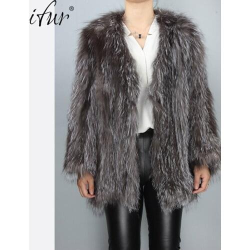 Ifur 2021 fashion Fox Fur Coat Fashion Fur Genuine 100% Silver Fox Fur Coats For Women Winter Outerwear Slim Stripe Coat A017