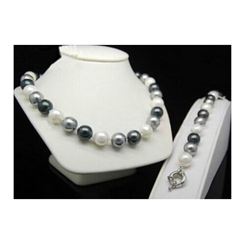Jewelry Set Silver hook>Round beads 3 color 12mm black Grey white shell Pearl bracelet Necklace 18" set AAA style