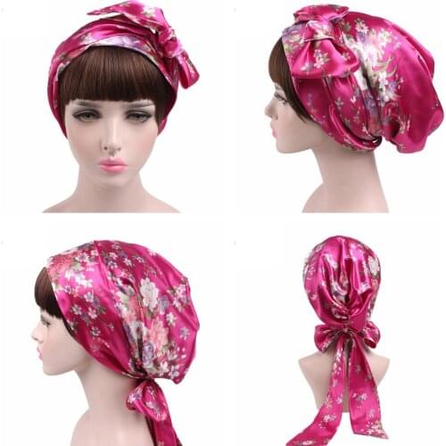 New Silk Bonnet Hat Large Satin Bonnet Sleep Cap Night Sleep Cover Caps Women Hair Styling Braid Hat Bandana Hats Ribbon Bow