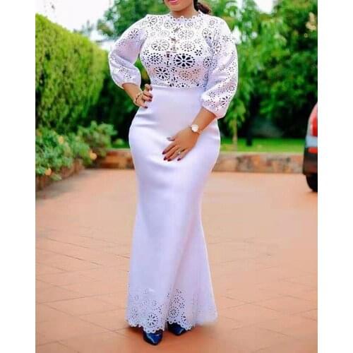 Bodycon Sexy Women Dress Elegant African Ladies White Hollow Out Wedding Evening Party Maxi Dresses 2021 New Year Summer Clothes