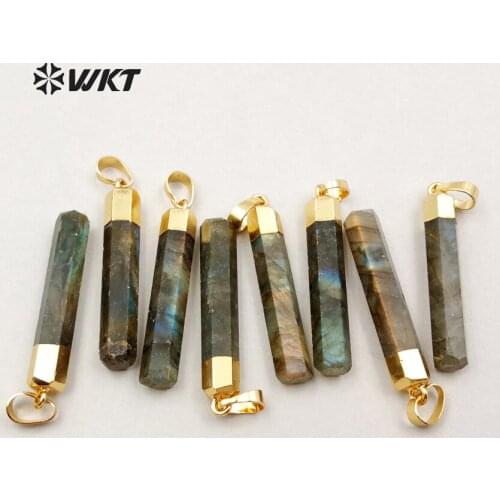 WT-P1179 Wholesale Custom Natural Labradorite Column Bar Pendant 40MM long With Gold Top For WKT Fashion Jewelry Making