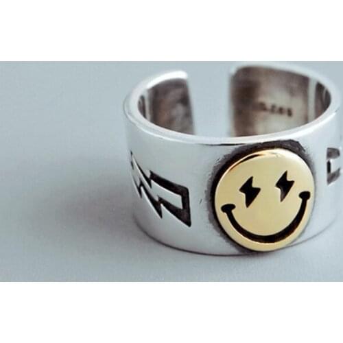 Punk Ancient Silver Color Lightning Smile Face Open Ring For Women Simple Design Cute Happy Smiley Faces Adjustable Rings