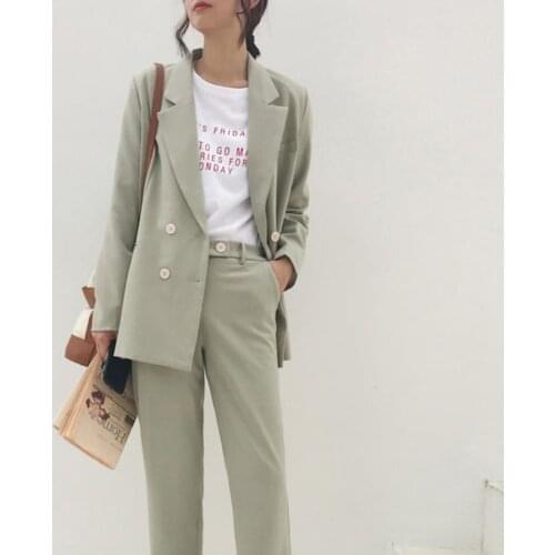 Blazer Jacket & Pant Vintage Autumn Winter Thicken Women Pant Suit Light Green Notched Office Wear Women Suits Female Sets