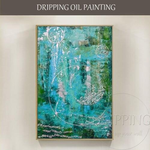 Professional Artist Hand-painted Green Emerald Color Abstract Oil Painting on Canvas Vivid Turquoise Abstract Round Oil Painting