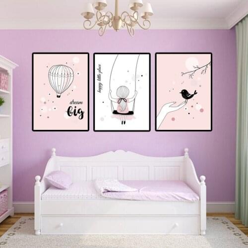 Cartoon Pink Style Home Decor Print Poster Nordic Canvas Painting Baby Girl Bedroom Picture Wall Art Poster Dream Big Cute Love