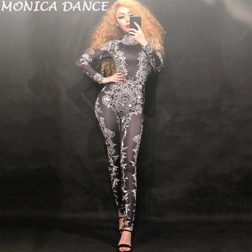 Sexy Stage Black Crystals Stretch Jumpsuit Sexy Nightclub Bar Dance Wear Bodysuit Leggings Celebrate Outfit Performance Clothing