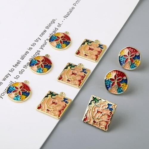 4pcs elegant Exaggerated Abstract Art earrings Relief Color Painting Square Round Pendant Stud earrings DIY Accessories Material