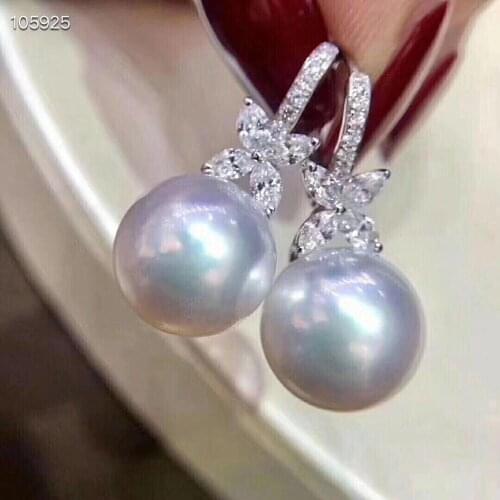 Pure 925 Sterling Silver Fine Jewelry Fresh Water White 9-10mm Round Pearl Dangle Earrings for Women Fine Pearl Earrings