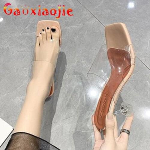 Perspex Slippers Summer Fashion Transparent PVC Women Wedding Sandals Sexy Square End 6CM Chic Cup Heel Crystal High Heel Shoes