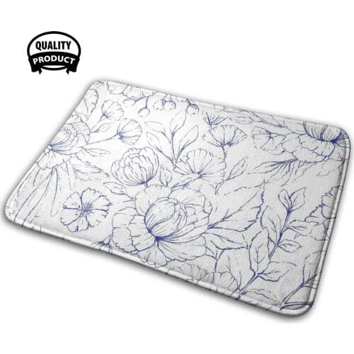 Modern Hand Drawn Navy Blue White Ele Floral Pattern 3D Soft Non-Slip Mat Rug Carpet Cushion Modern Hand Drawn Navy Blue Blue