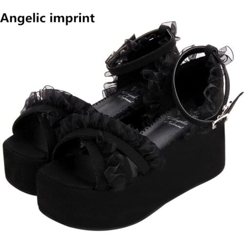 Angelic imprint woman mori girl lolita cosplay shoes lady high heels pumps women princess summer dress sandals 33-47 lacework
