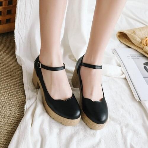 YQBTDL 2020 Autumn Spring Block High Heels Woman Shoes Black Office Lady Career Dress Mary Jane Shoes Platform Pumps Buckle 43