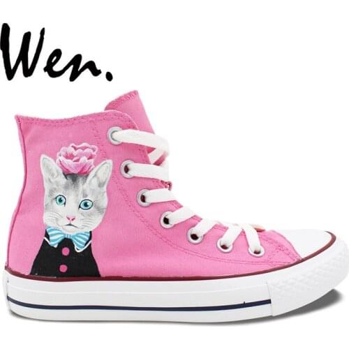 Wen Original Hand Painted Shoes Design Custom Cat with Bow Tie Flower Men Womens High Top Canvas Sneakers Special for Woman