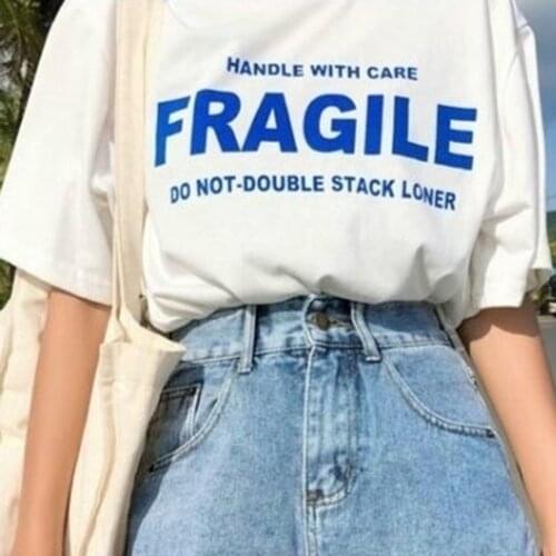 Summer Fashion Handle with Care Fragile Women T-shirt Letter Printed Short Sleeve Cotton Loose Women Tops Clothes