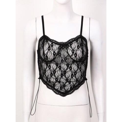 Womens See-Through Exotic Sissy Tanks Lace Camisole Vest Summer Ladies Girls Clubwear Undershirt Spaghetti Strap Mesh Crop Top