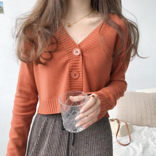 2021 Knitted Crop Cardigan Women Korean Short Sweater Long sleeve V neck Green Blue