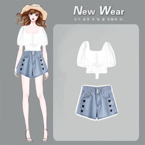Plus Size Womens 2021 Summer Suit Womens Fashion Short Sleeve + Love Denim Shorts Two-piece Suit
