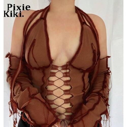PixieKiki Fairy Grunge Crop Top Women Y2k Aesthetic Clothes Contrast Stitch V Neck Long Sleeve Halter Top Woman Tshirts P15-CZ18