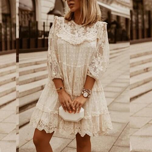 Women Elegant Lace Embroidery Party Dress Fashion Vintage Ruffle Sleeve Dresses Ladies Sexy O-Neck Solid Sheer-Mesh Dress GV201