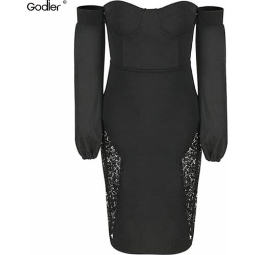 Godier Women Sexy Club Lace Off Shoulder Dresses Stylish Strapless Bodycon Dress Long Sleeve Summer Mini Dress Vestidos Ic0036