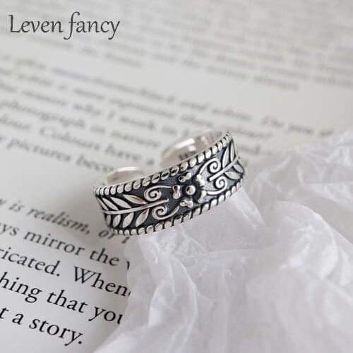 925 Sterling Silver Vintage Black Olive Leaf Flower Engraved Romantic Jewelry Charming S925 Silver Ring for Girls Mother Gift