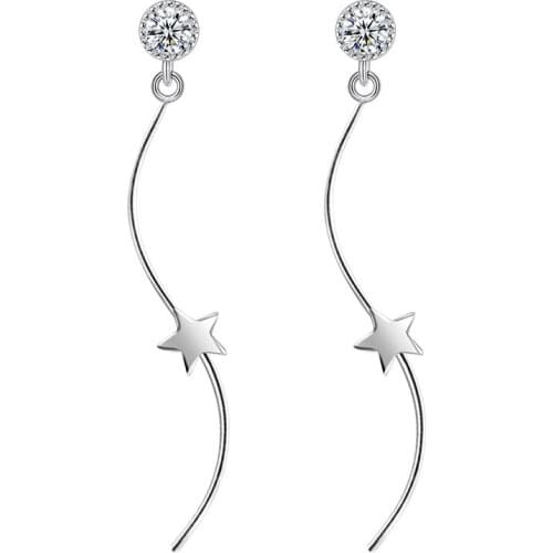 100% 925 Sterling Silver Fashion Star Design Shiny Crystal Long Stud Earrings for Women Jewelry Birthday Gift Hot Sale Wholesale