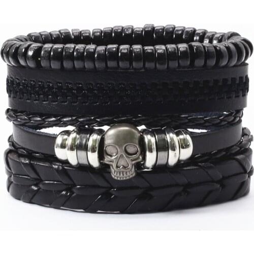 3-4 Pcs/set Black Feather Leaf Motorcycle Cross Charm Believe Words Leather Bracelets Men Women Femme Homme Jewelry