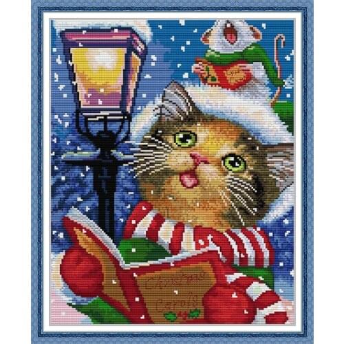 Joy Sunday Christmas Cat DA498 14CT 11CT Counted and Stamped Cute Kitty New year Festival Animal Home Decor Cross Stitch kits