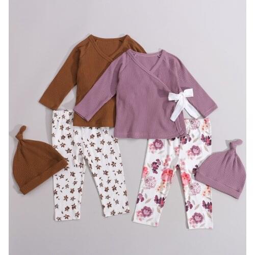 3pcs Newborn Baby Clothes Set Cotton Long Sleeve Pullover Top Floral Print Pants Headband Fall Toddler Girl Boy Clothing Outfits