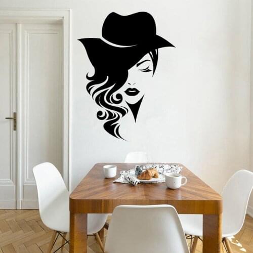 Beautiful Woman Wall Sticker Long Hair Vinyl Decal Hat Sexy Lips Mural Bedroom Decoration Removable Home Decor O271