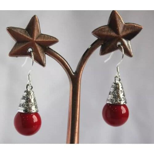 Fashion temperament womens silver plated 12mm red shell pearl earrings