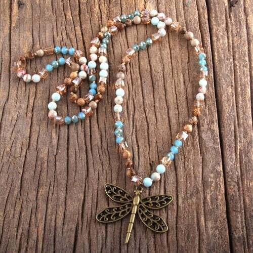 RH Fashion Boho Jewelry 6mm Natural Stones And Glass Dragonfly Pendant Necklace Bohemai Beads Knotted Necklaces For Women Gift
