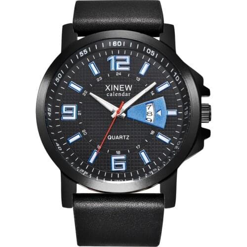 Mens Watches Top Brand XINEW Fashion Big Face Leather Strap Date Calendar Casual Quartz Watch Male Relogio Masculino Marca 2018