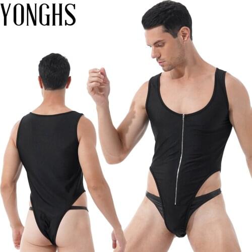 Mens Erotic Teddies Catsuit Fitness Workout Bodycon Zipper Front Sleeveless Romper U Neck High Cut Fashion Slim Fitted Jumpsuit