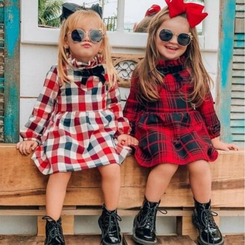 New 2020 Christmas Toddler Girl Red Plaid Dress Long Sleeve Bow Tie Fashion Prom Party Princess Dress Roll Neck Sweet Dress 1-5Y