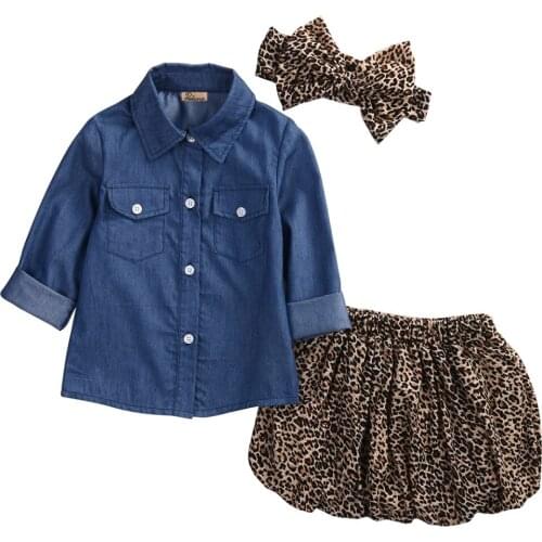Pudcoco 6M-5Y Baby Girl Autumn Spring Clothing Sets Casual Long Sleeve Denim T-shirt+Leopard Skirt+Headband 3pcs/set Suits Girl