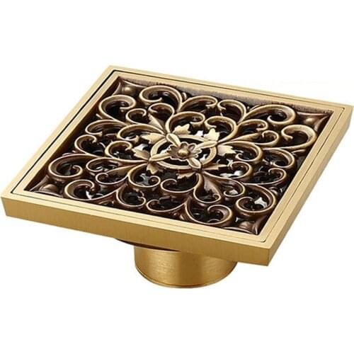 WASOURLF Antique Brass Art Carved Flower Floor Drain Golden Colour Bathroom Shower Square Drain Strainer Hotel Bath