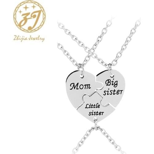 Zhijia mom big sister little sister necklaces for 3 Splicing mother daughter necklace for women Family jewelry heart shape