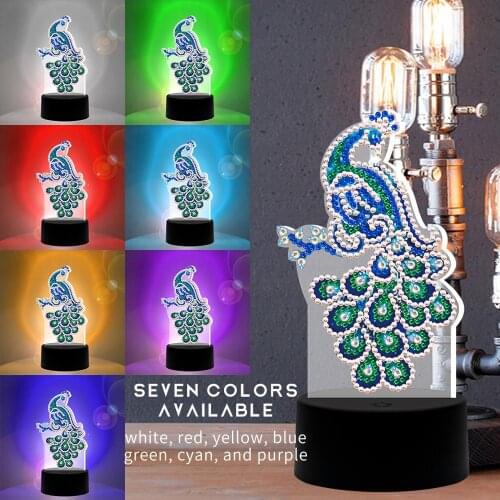 Peacock Diamond Painting Led Light 5D Diamond Mosaic Embroidery Lamp Night Light 7 Colors Available Home Desk Night Lamp Decor