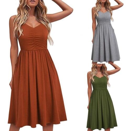 Vintage Summer Women Dress Low Neck Pleated Middle Length Ladies Sleeveless Shirring Dress Casual Dress Female Party Club Clothe
