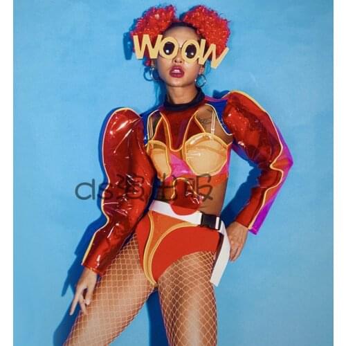 Nightclub Bar Female Singer Jazz Dance Costumes Future Technology Sexy Red Bodysuit DS Party Stage Performance Clothing DWY4546