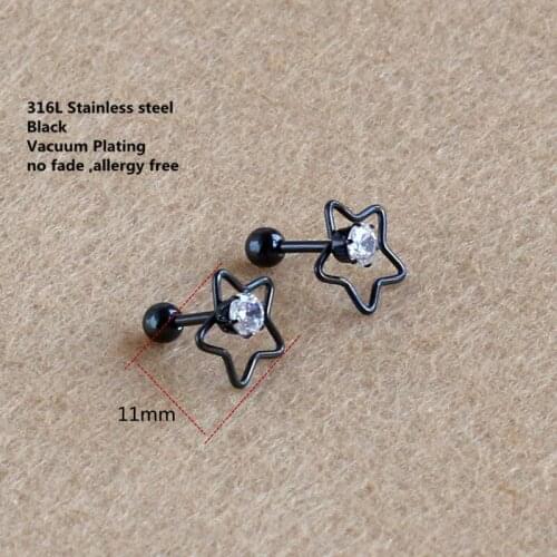 Titanium Stud Earrings Black Plated Screw-back 11mm Star-shape With AAA Zircon 316 L Stainless Steel No Fade No Allergy