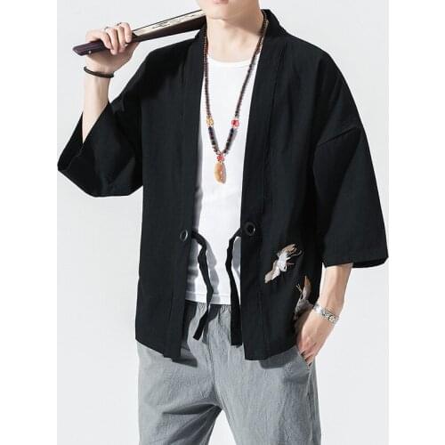 Traditional Japanese Style Haori Mens Embroidery Shirt Elegant Lace-Up Chinese Casual Hanfu Cardigan Summer 2021 Fashion Outfit